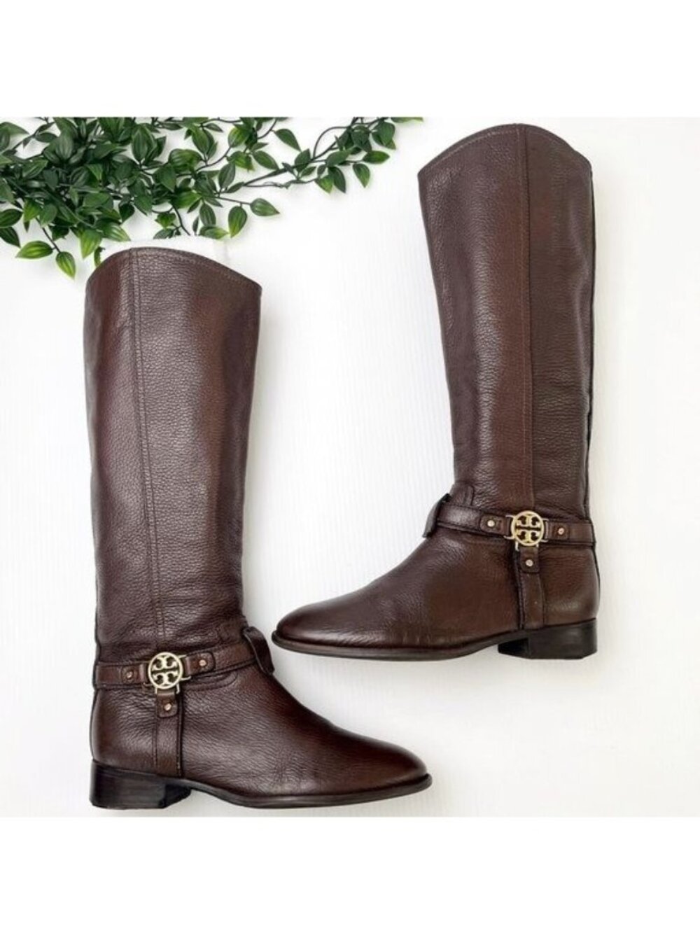 TORY BURCH Brown Leather Riding Boots with golden hardware logo strap 7.5